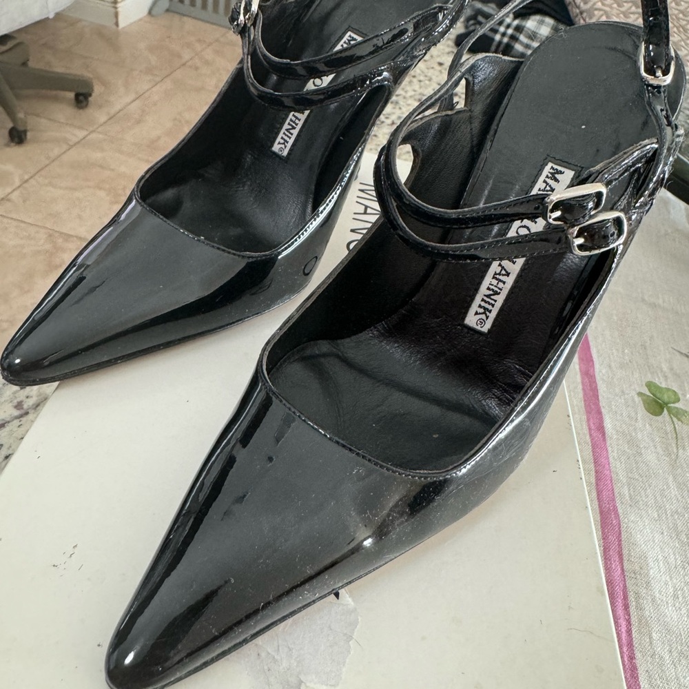 Manila Blahnik size 34.5 patent leather Mary Jane heels with sling back.